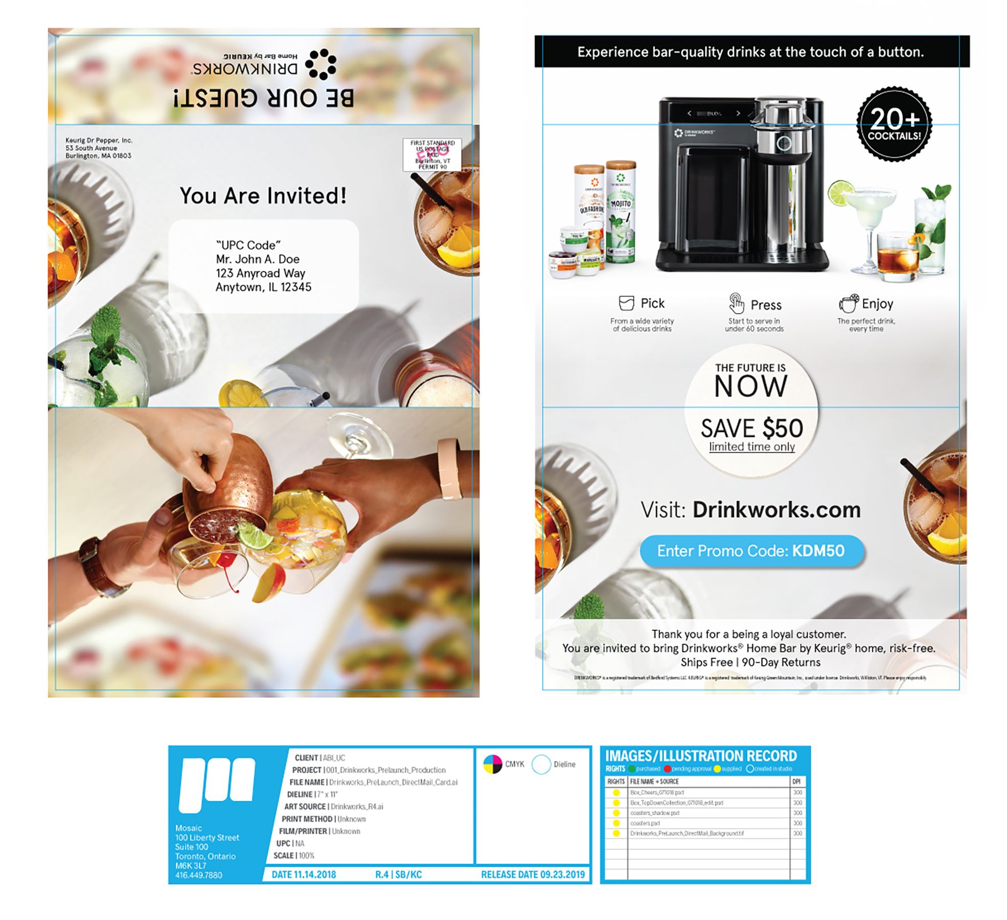 Direct-mail and promo execution alongside a print spec sheet. The chosen direction landing in a one-to-one consumer touchpoint.