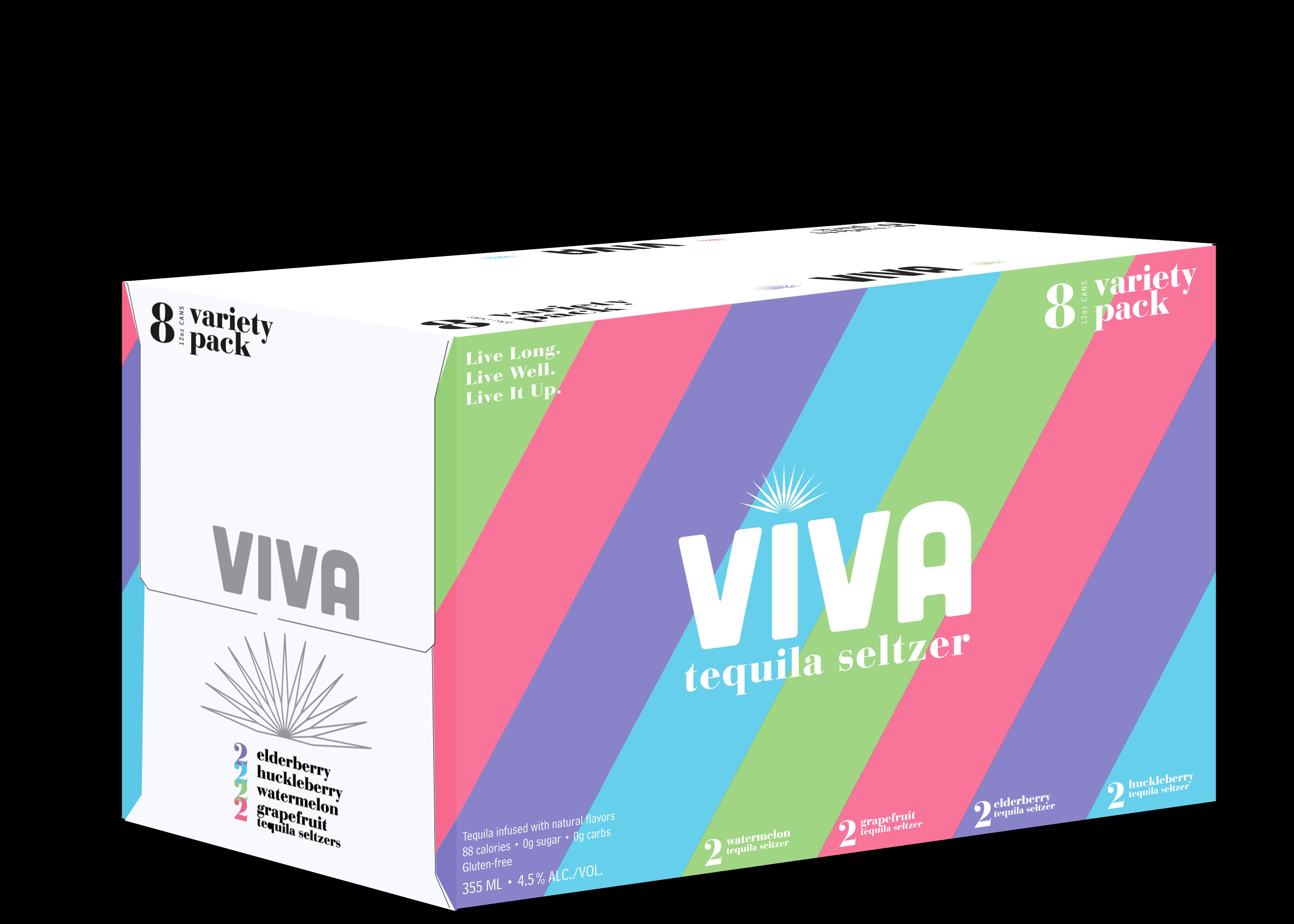 Diagonal multi-color stripes wrapping the box, big VIVA on the front. The brand at retail scale.
