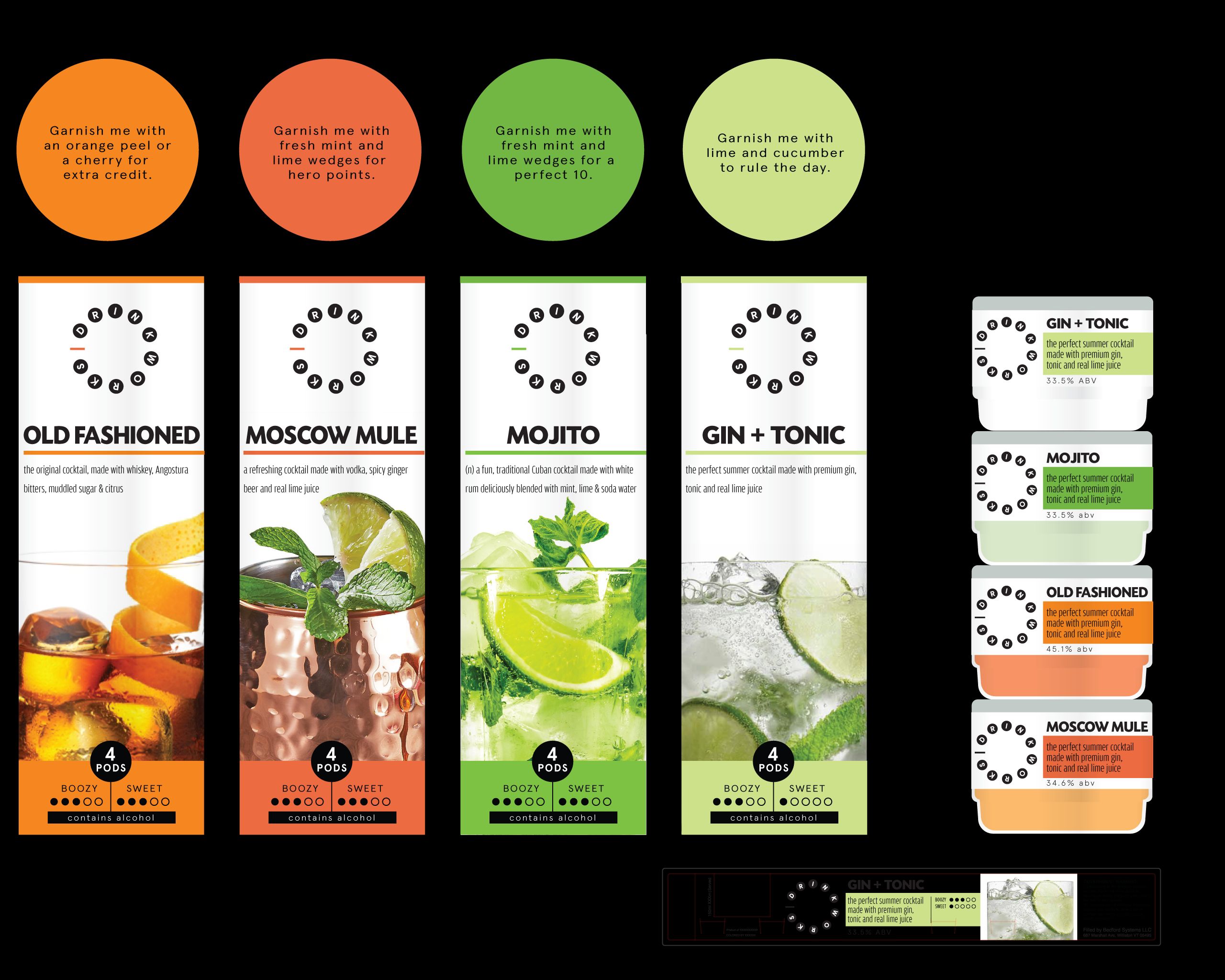 The four tube sleeves, each carrying a styled hero shot of the drink: Old Fashioned over orange, Moscow Mule over copper, Mojito over green, Gin + Tonic over lime. The chosen direction.