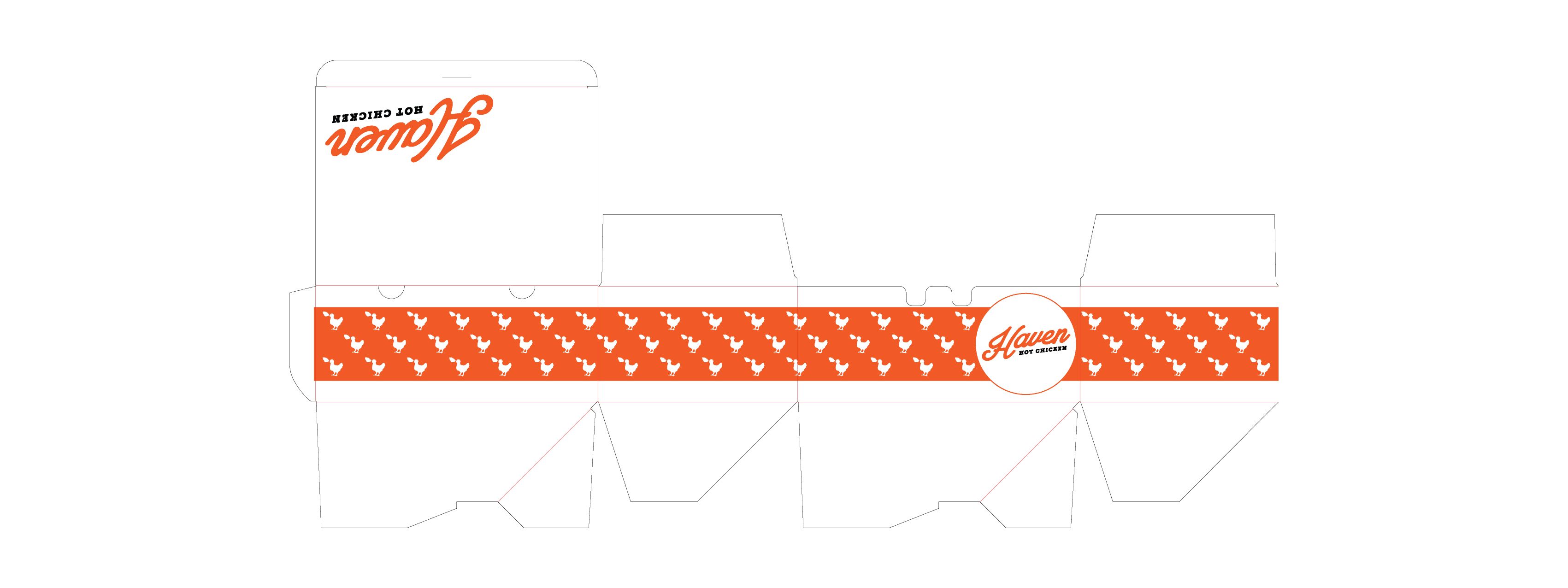 Chicken-pattern tape running the length of the box, roundel at one end, wordmark inverted at the other. Where the brand finally lands in the customer's hand.
