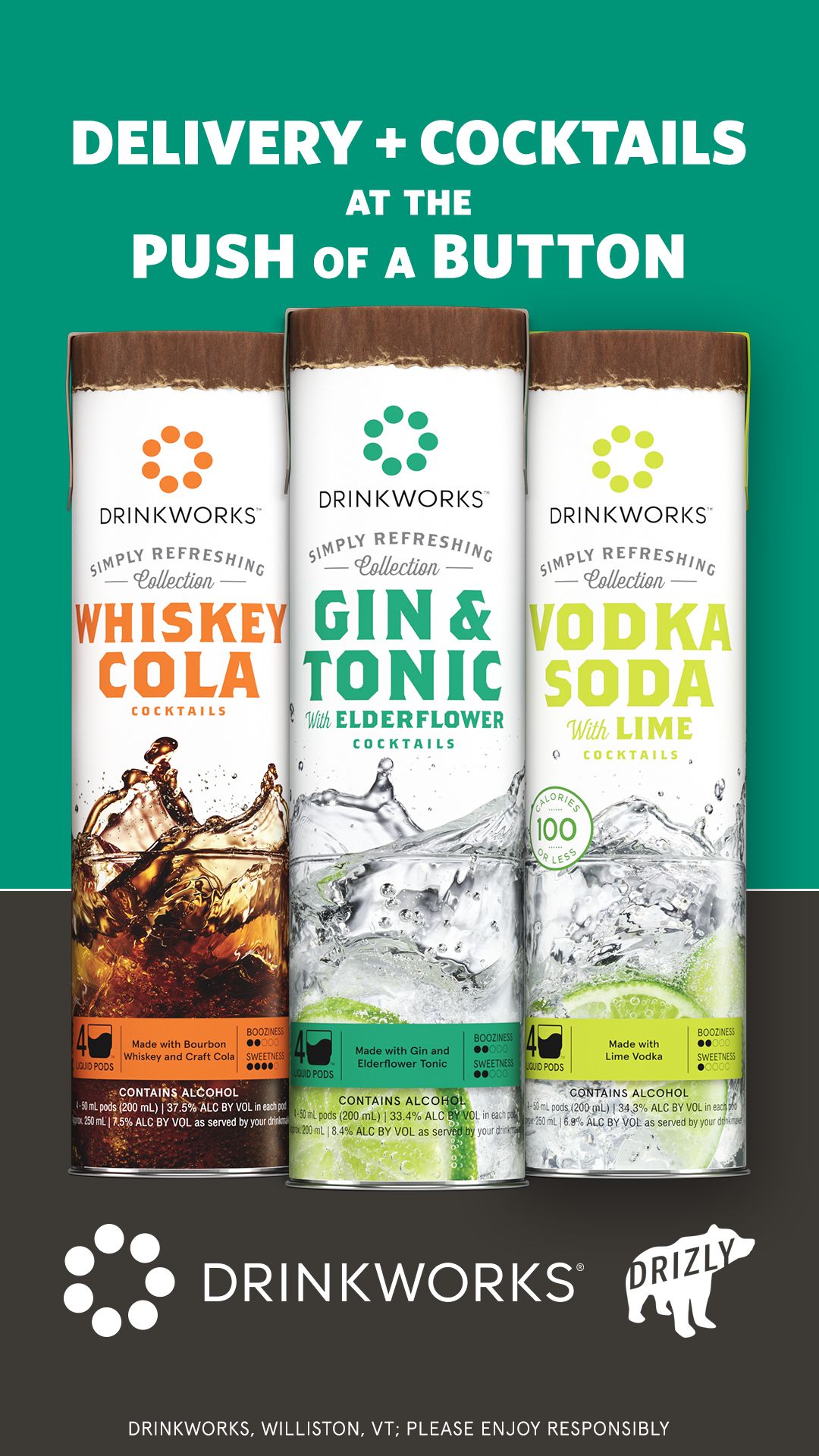 The chosen direction as a finished retail and digital ad: three full tube sleeves on a green/black band, "Delivery + cocktails at the push of a button."