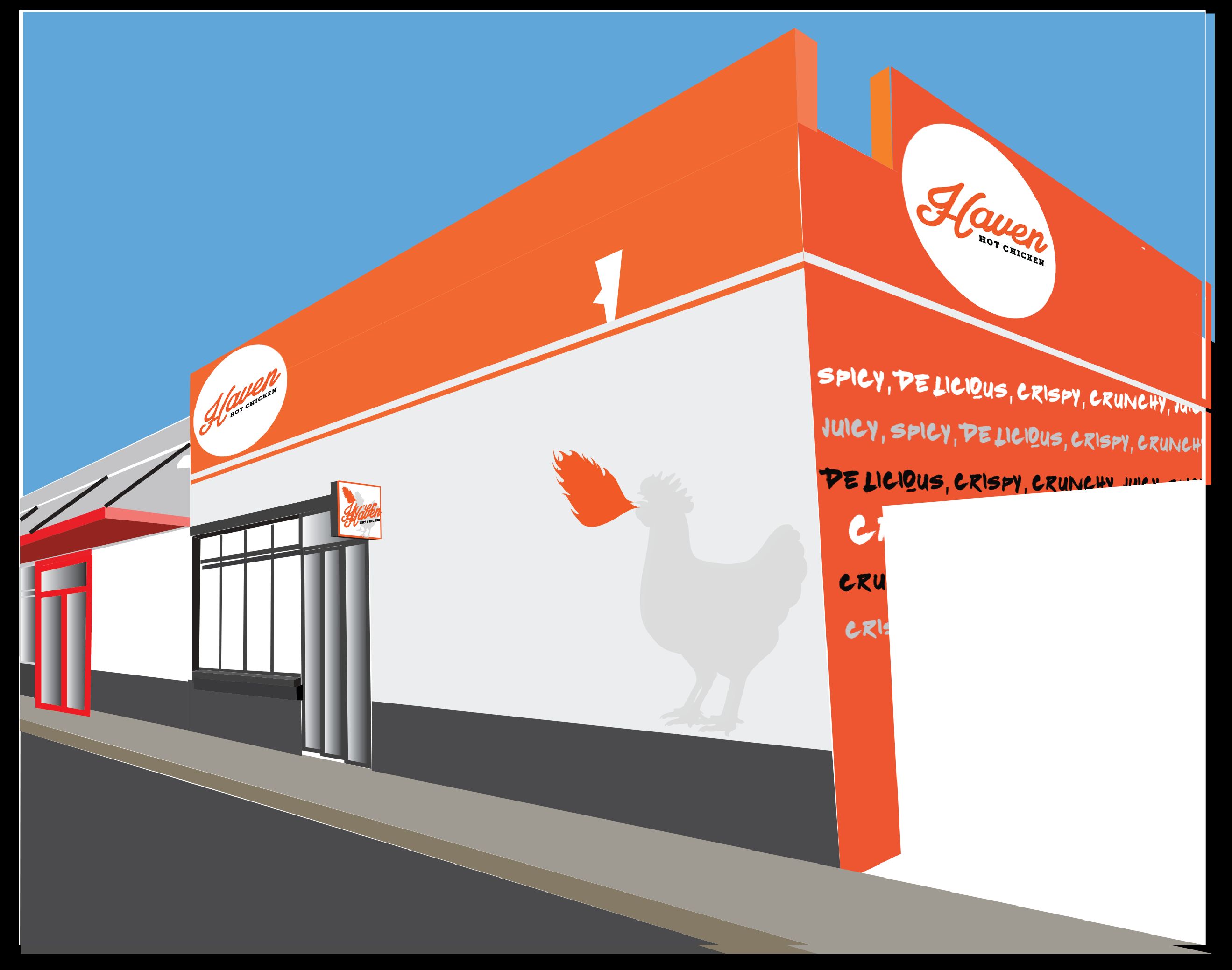 Same brand, different building, denser exterior art ("SPICY, DELICIOUS, CRISPY, CRUNCHY" wrapping the corner). The system flexing.