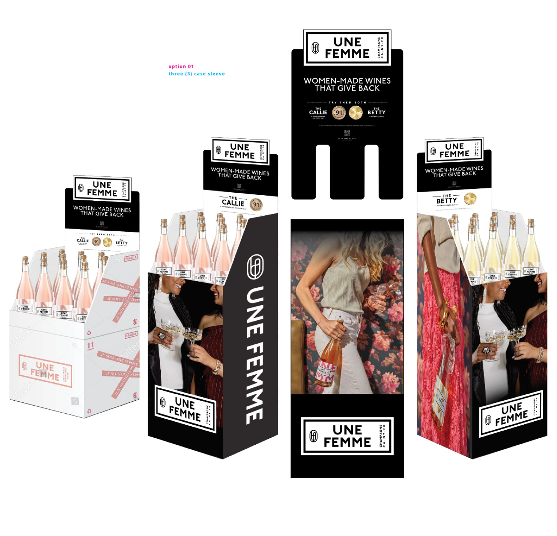 Case sleeves and end-cap units in three configurations, each carrying the wordmark frame and the "Callie" and "Betty" sub-line callouts.