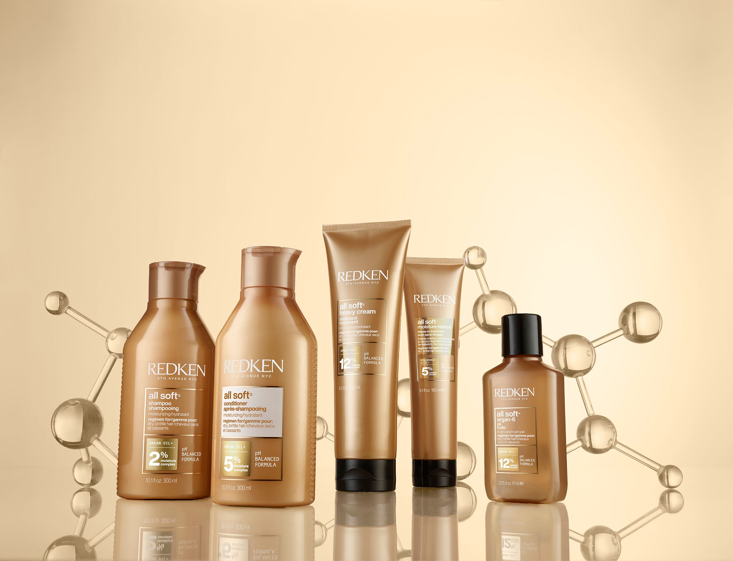 Redken All Soft on a warm gold ground with floating molecules. The brand world expressed through staging.