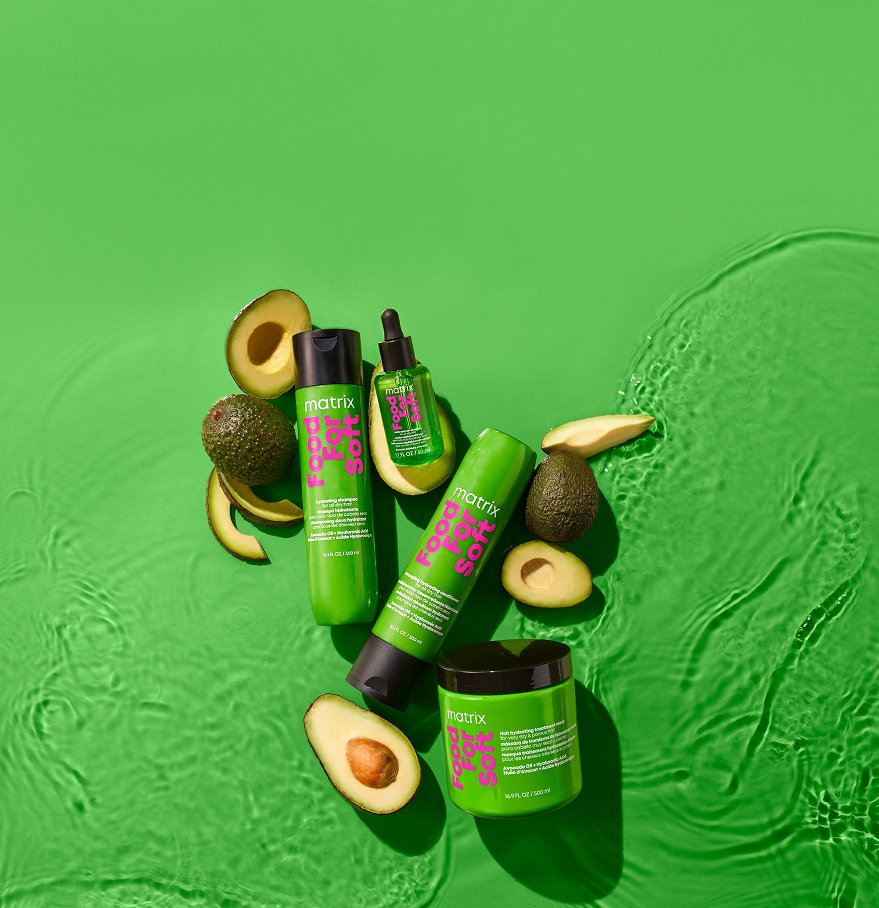 Matrix "Food For Soft": overhead avocado and green water still life. Same brand, different mood: ingredient-led, playful.