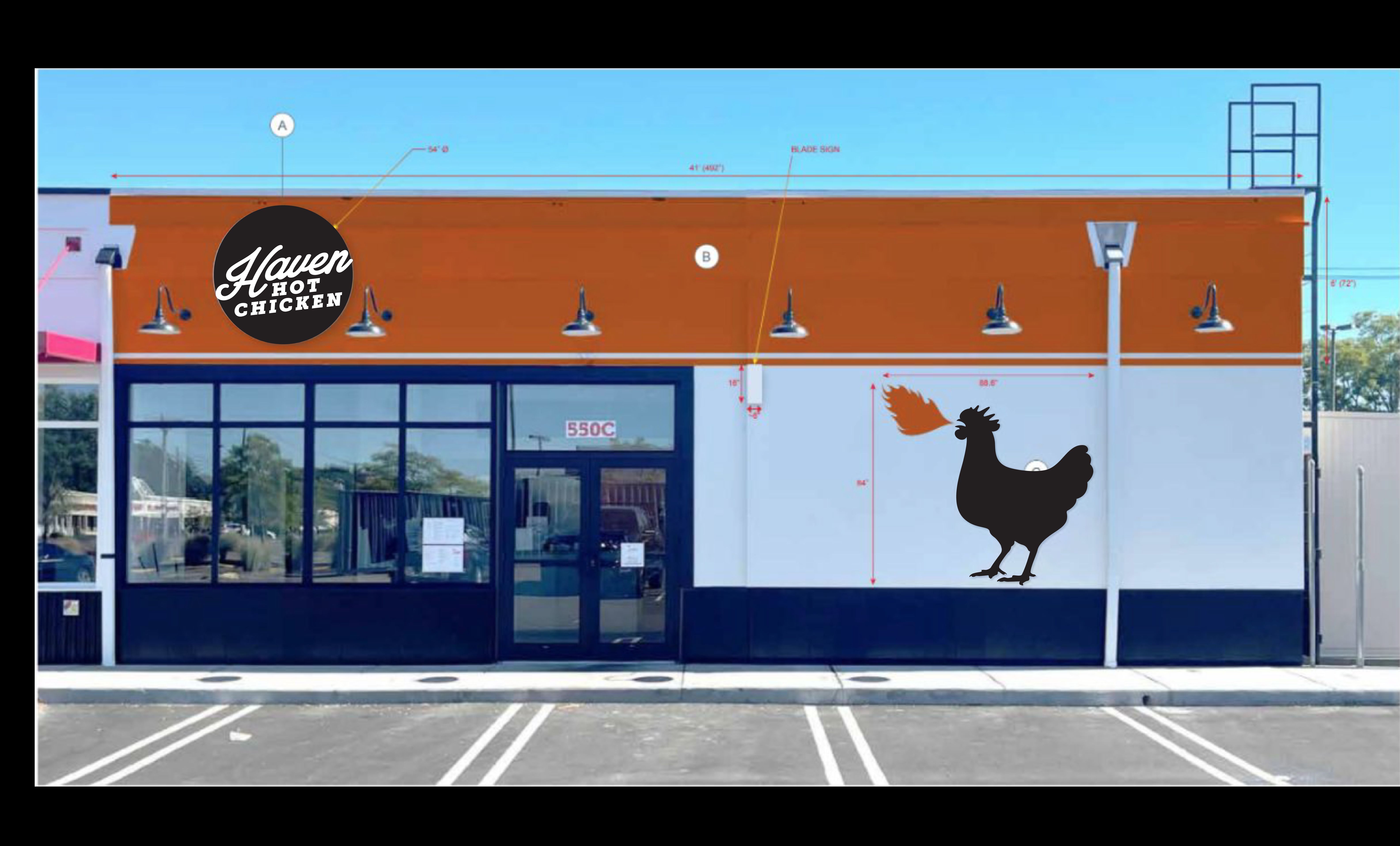 Front elevation of one store, orange band signage and a mural-scale chicken silhouette to the right of the entry.