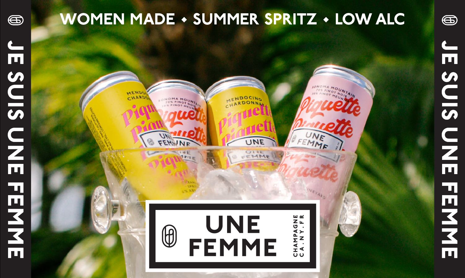 "Women Made • Summer Spritz • Low Alc" running as a vertical band, with the can lineup beneath. Where the brand actually meets the buyer.