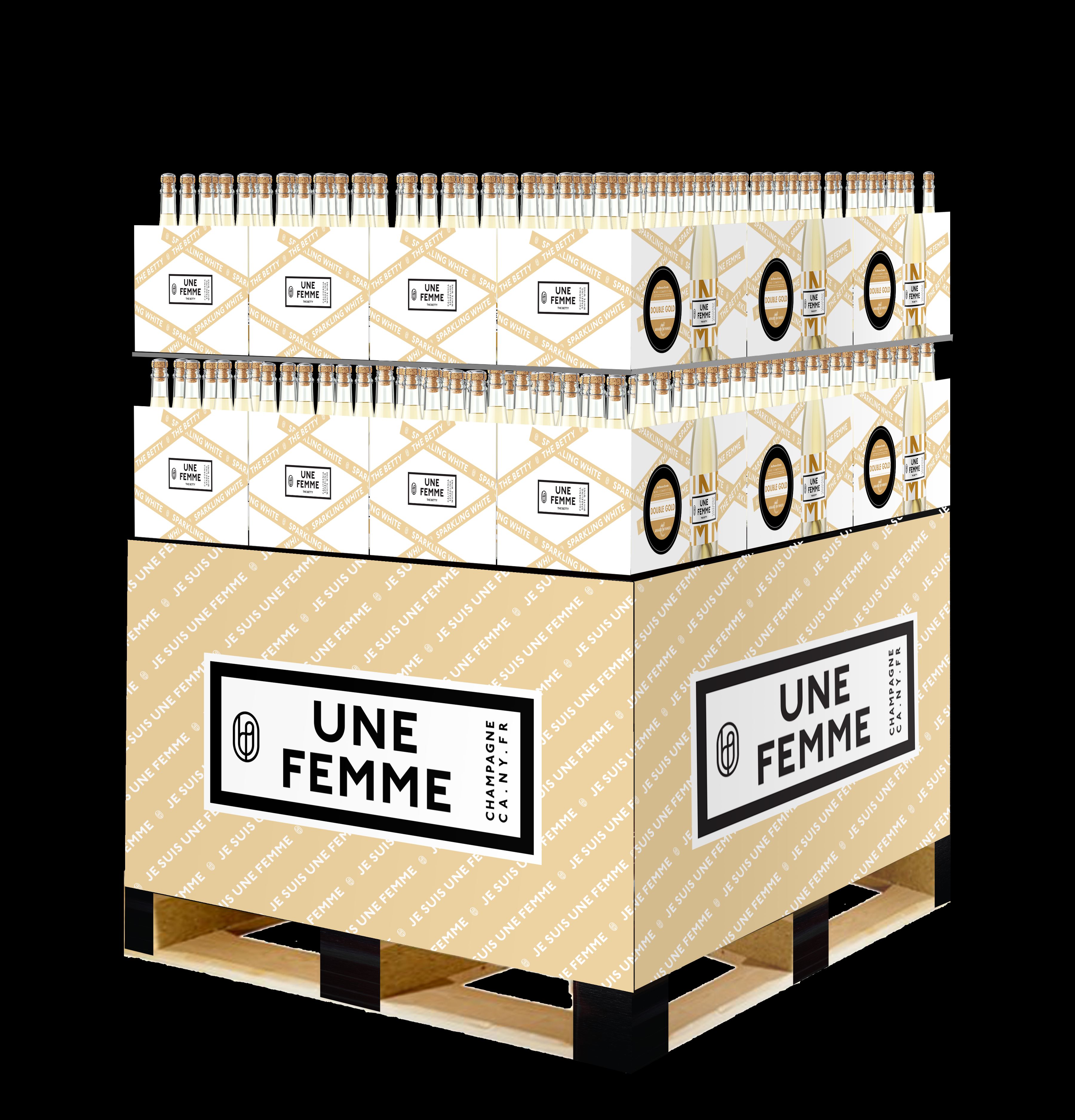 Une Femme Wines pallet skirt display, cycling between the Betty and Callie colorways